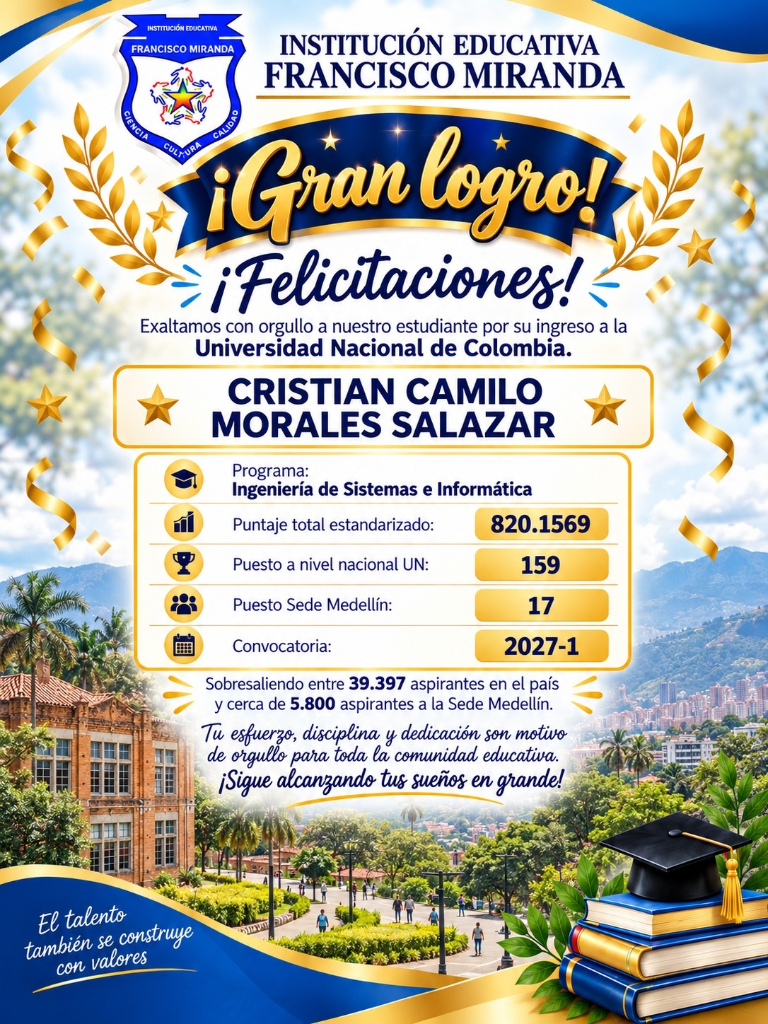 Tu esfuerzo, disciplina y dedicación son motivos de orgullo para toda la comunidad educativa